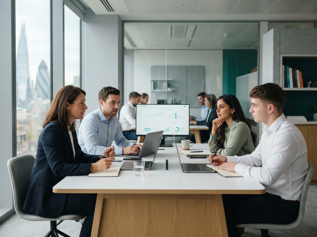 BTC-Bridgeris team reviewing AI-generated market analysis on screen